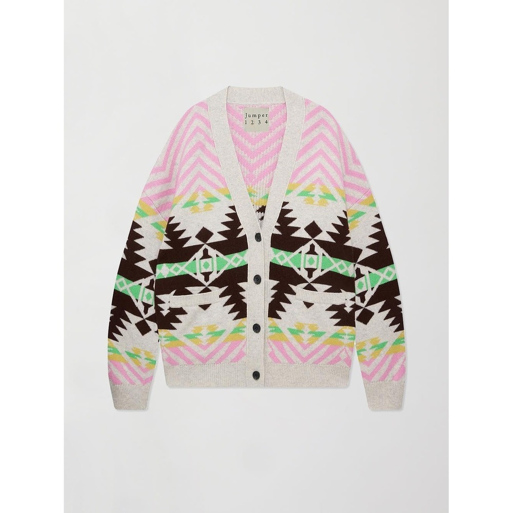 Jumper 1234 Wool Cashmere Aztec Fair Isle V-Neck Cardigan Pink Green Size 4